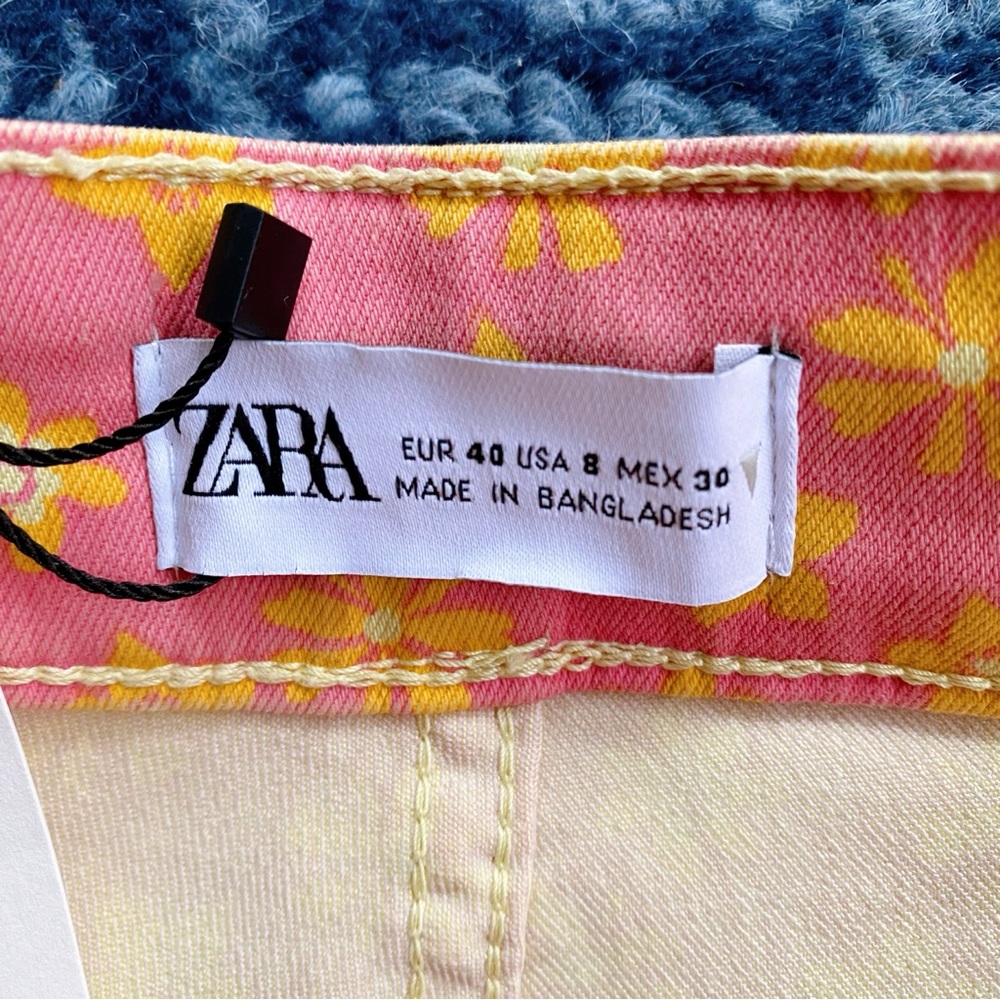 🌸 ZARA PINK YELLOW FLORAL HIGH WAIST CROPPED FLARE LEG JEANS! - Picture 8 of 15